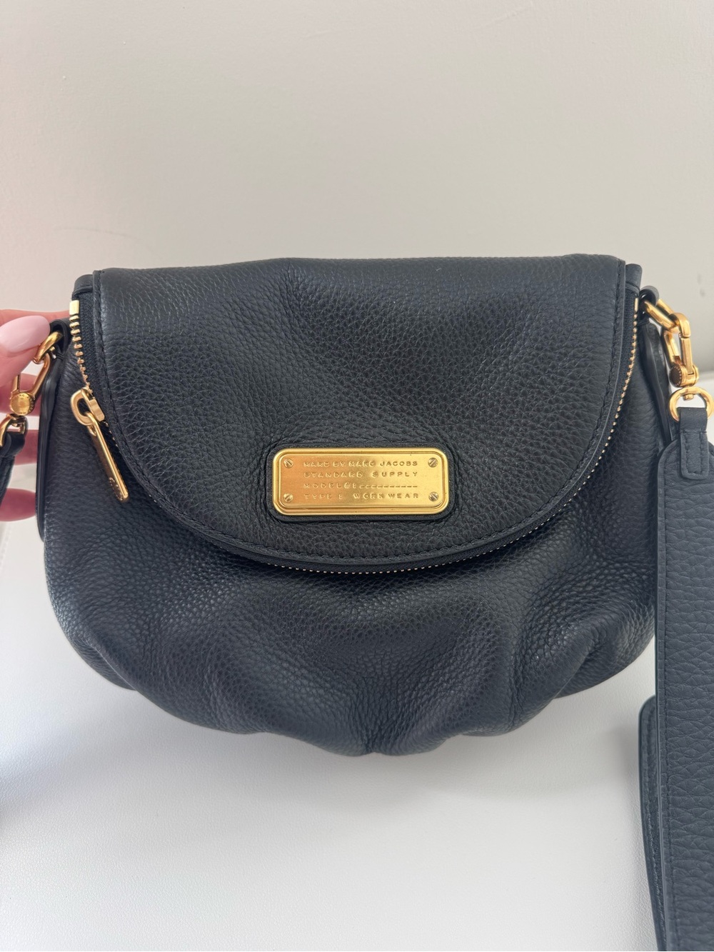 Marc Jacobs Black Pebbled Leather Crossbody with Gold Plaque